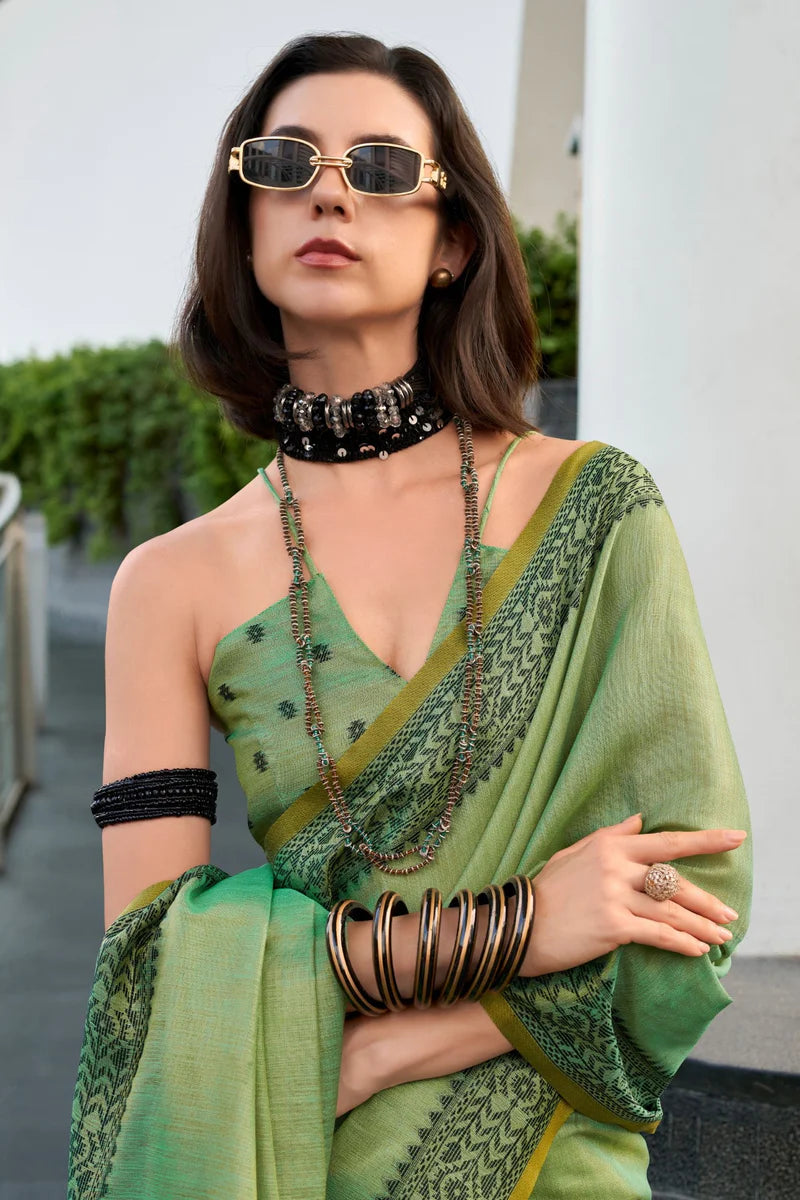 Green color tissue silk saree with blouse images