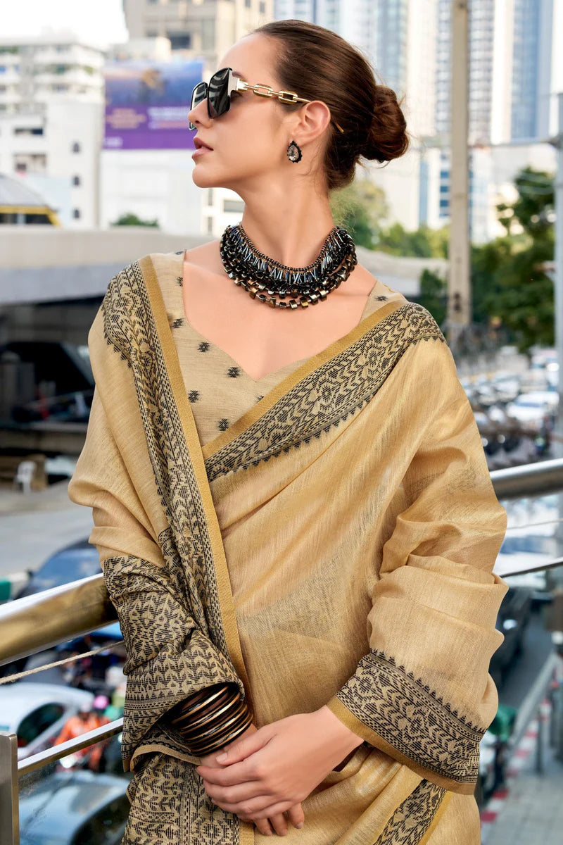 Beige color tissue silk saree with blouse price