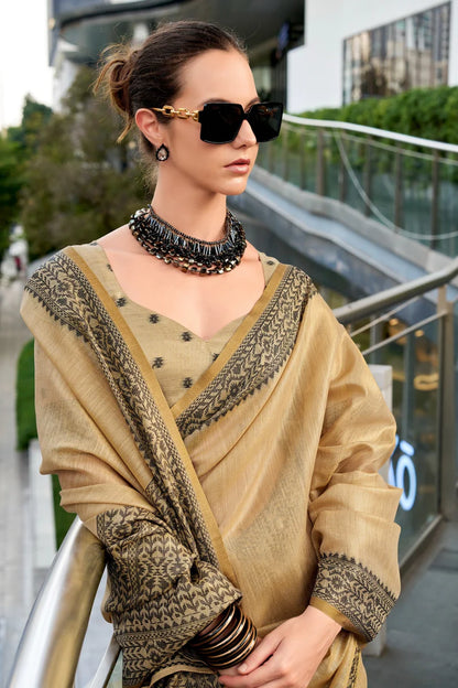 Beige color tissue silk saree with blouse images