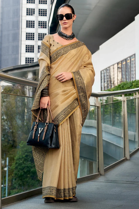 Beige color tissue silk saree with blouse online
