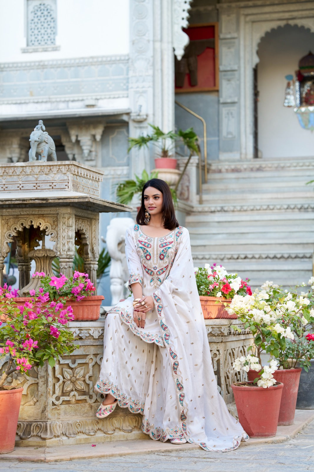 White color vichitra silk sharara suit for women