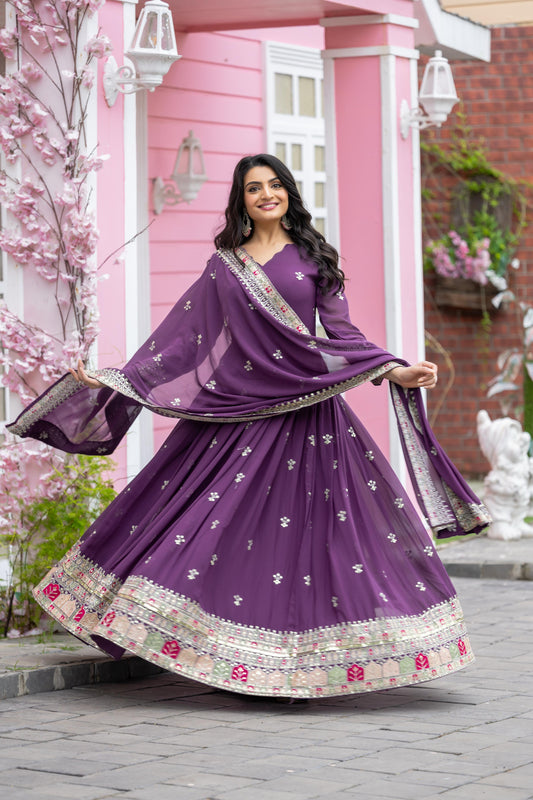 Purple color georgette long gown with dupatta online shopping