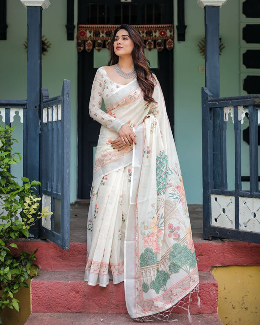 Ivory color linen printed saree for wedding