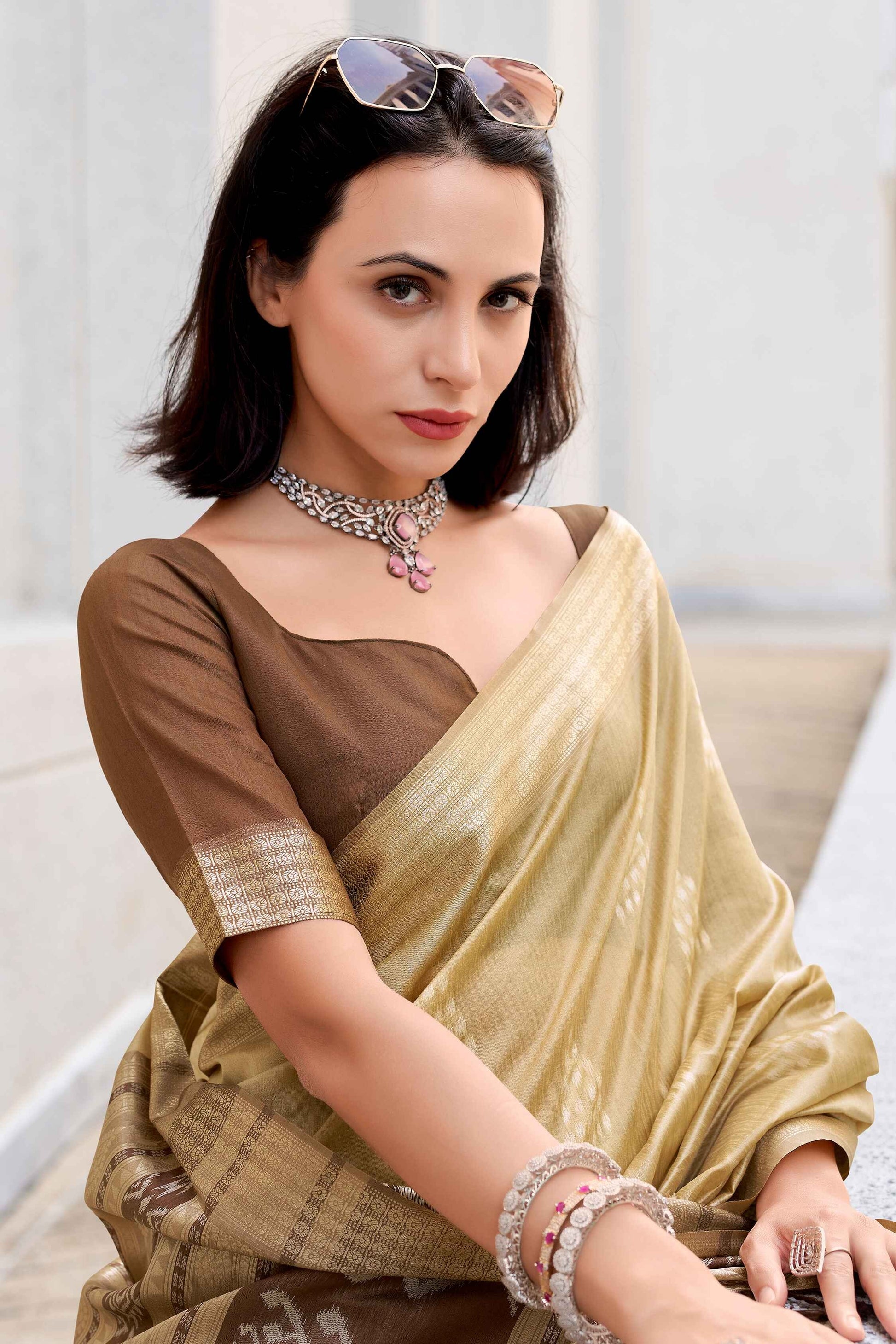Beige color rayon silk saree for women price
