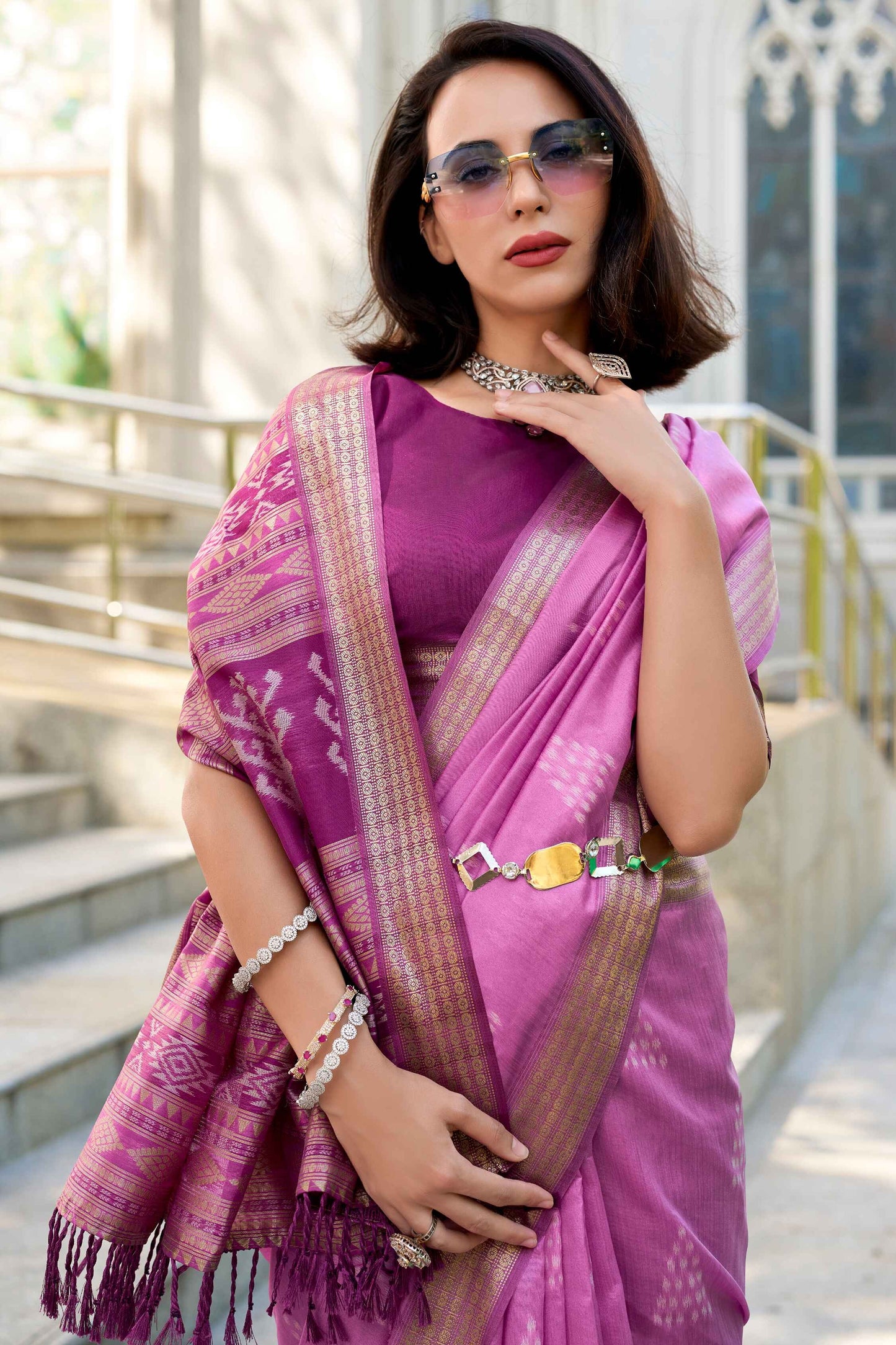 Purple color rayon silk saree for women online
