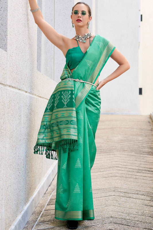 Green color rayon silk saree for women online
