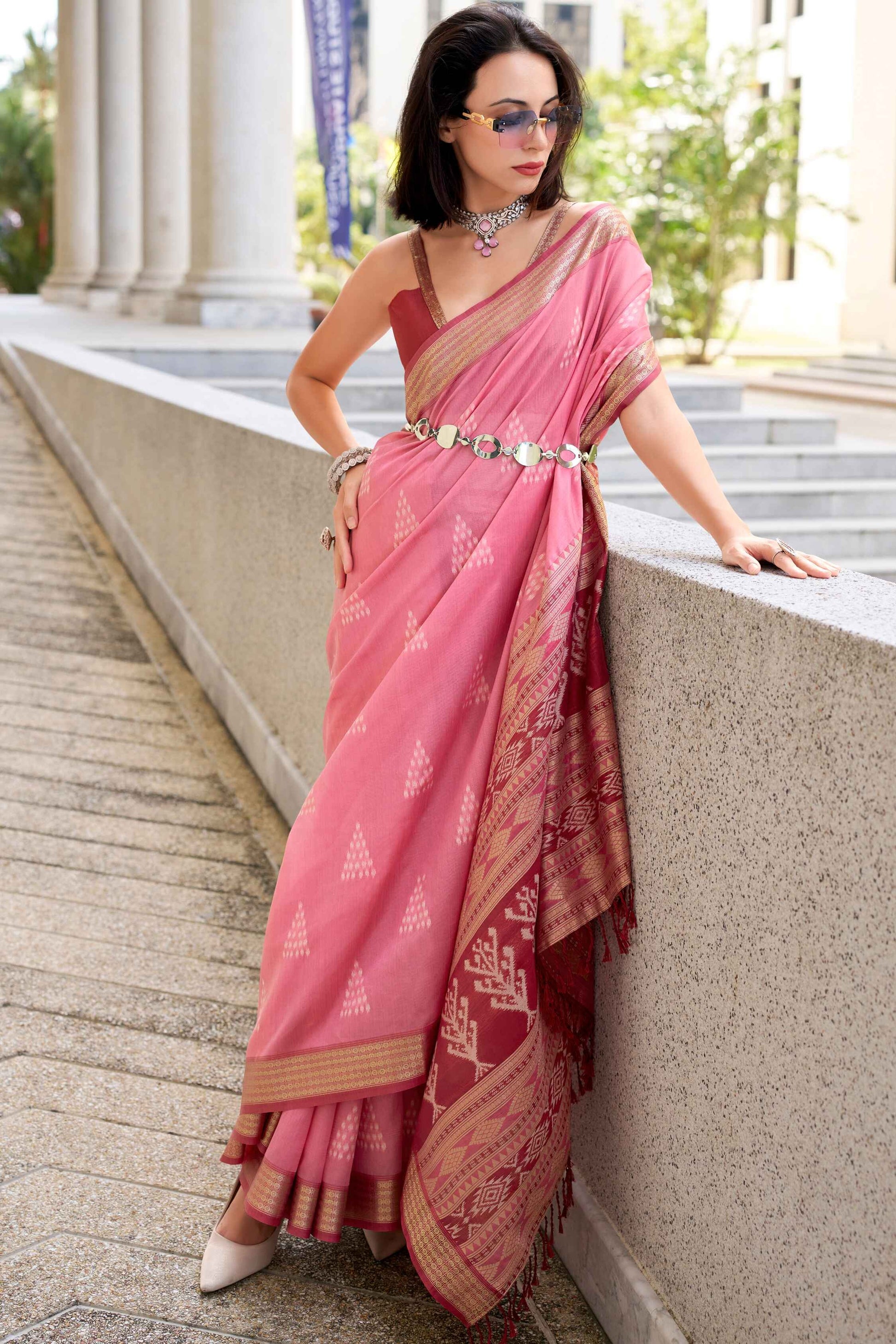 Pink color rayon silk saree for women price
