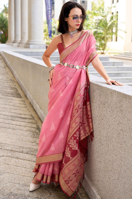 Pink color rayon silk saree for women price

