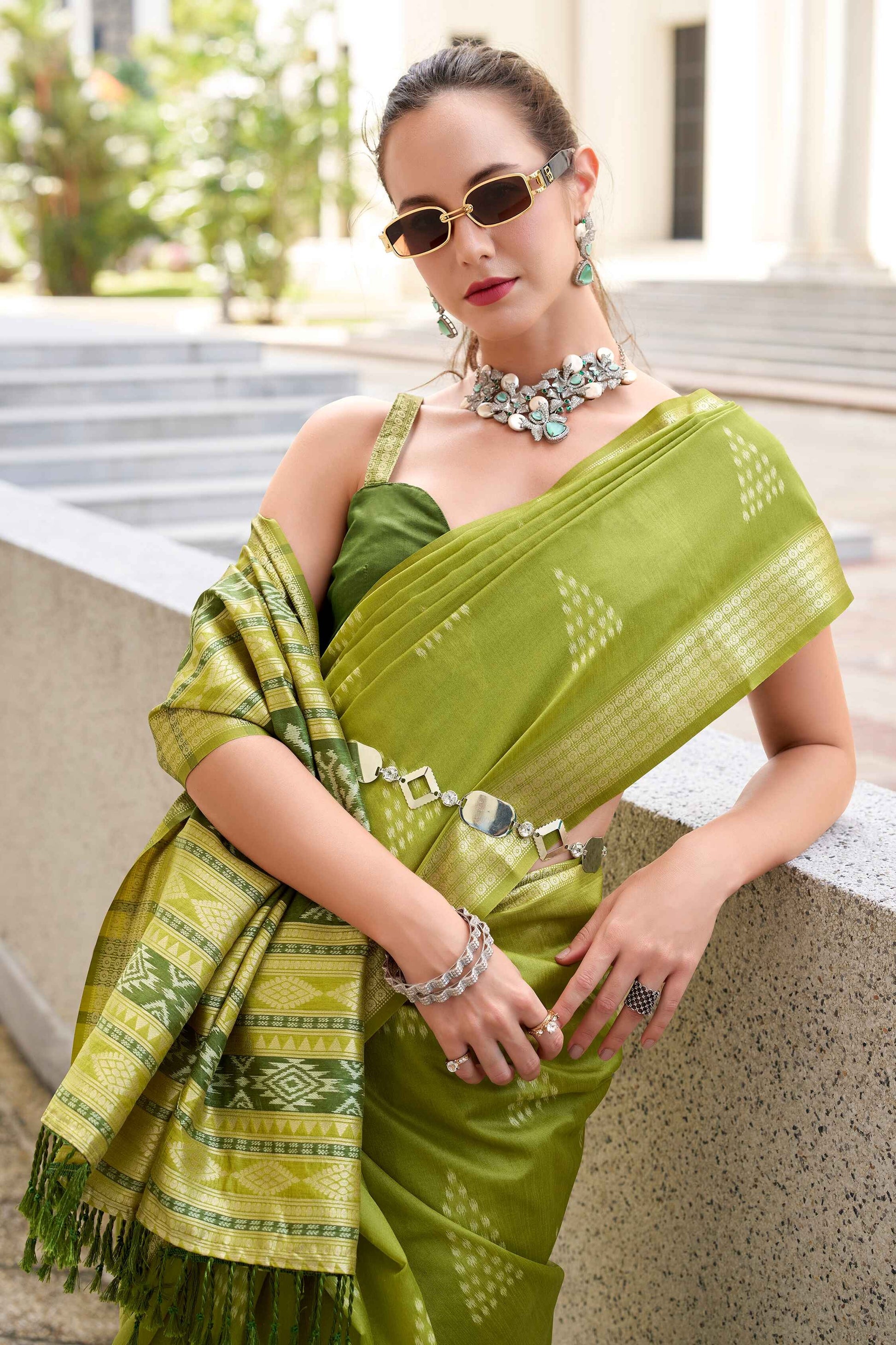 Mehendi color rayon silk saree for women images
