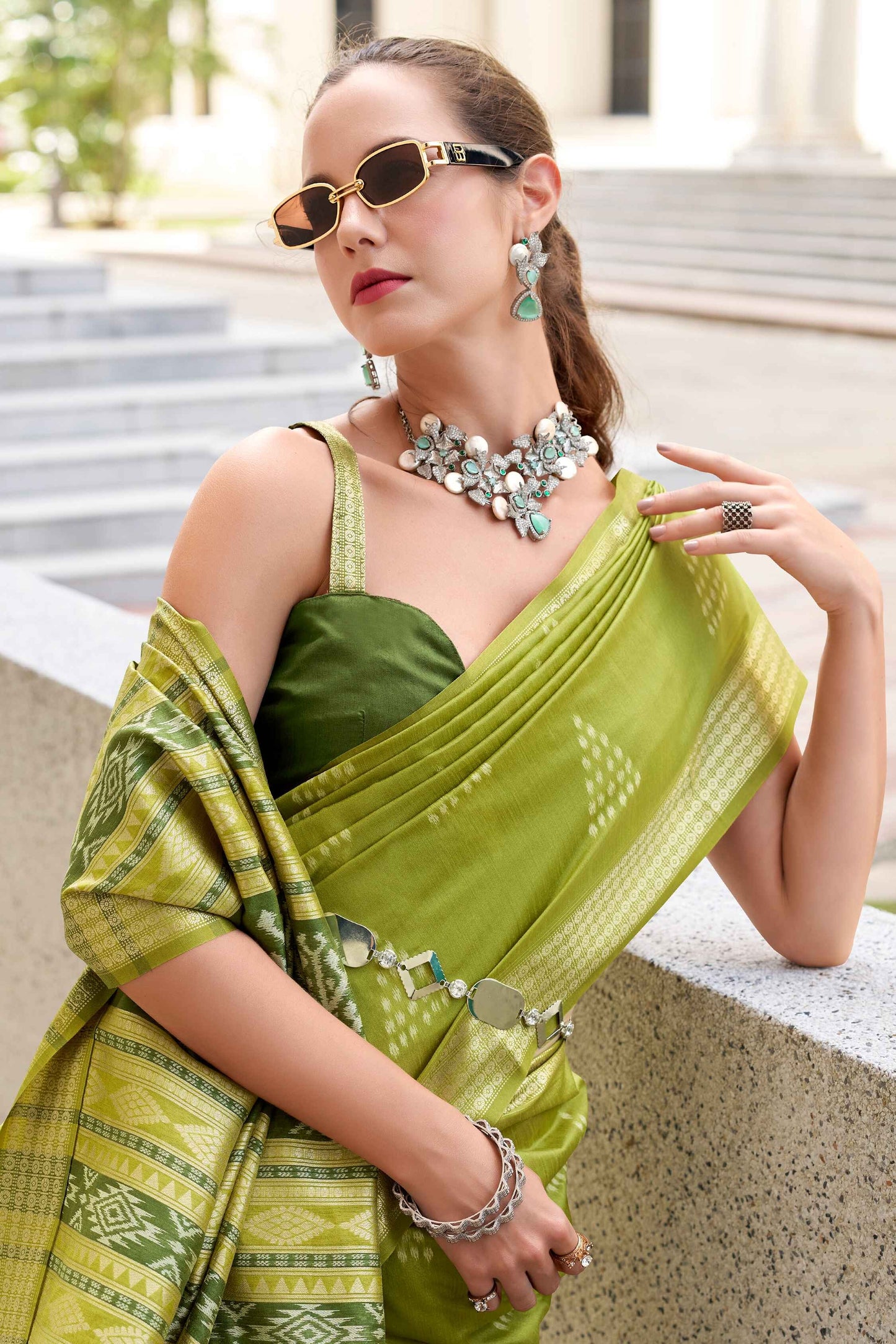 Mehendi color rayon silk saree design

