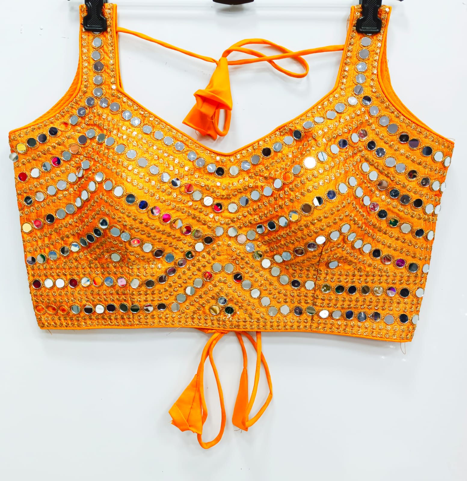 Orange color silk mirror work navratri lehenga and sarees blouse 