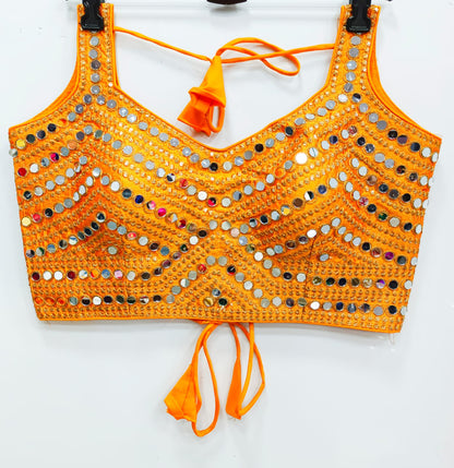 Orange color silk mirror work navratri lehenga and sarees blouse 