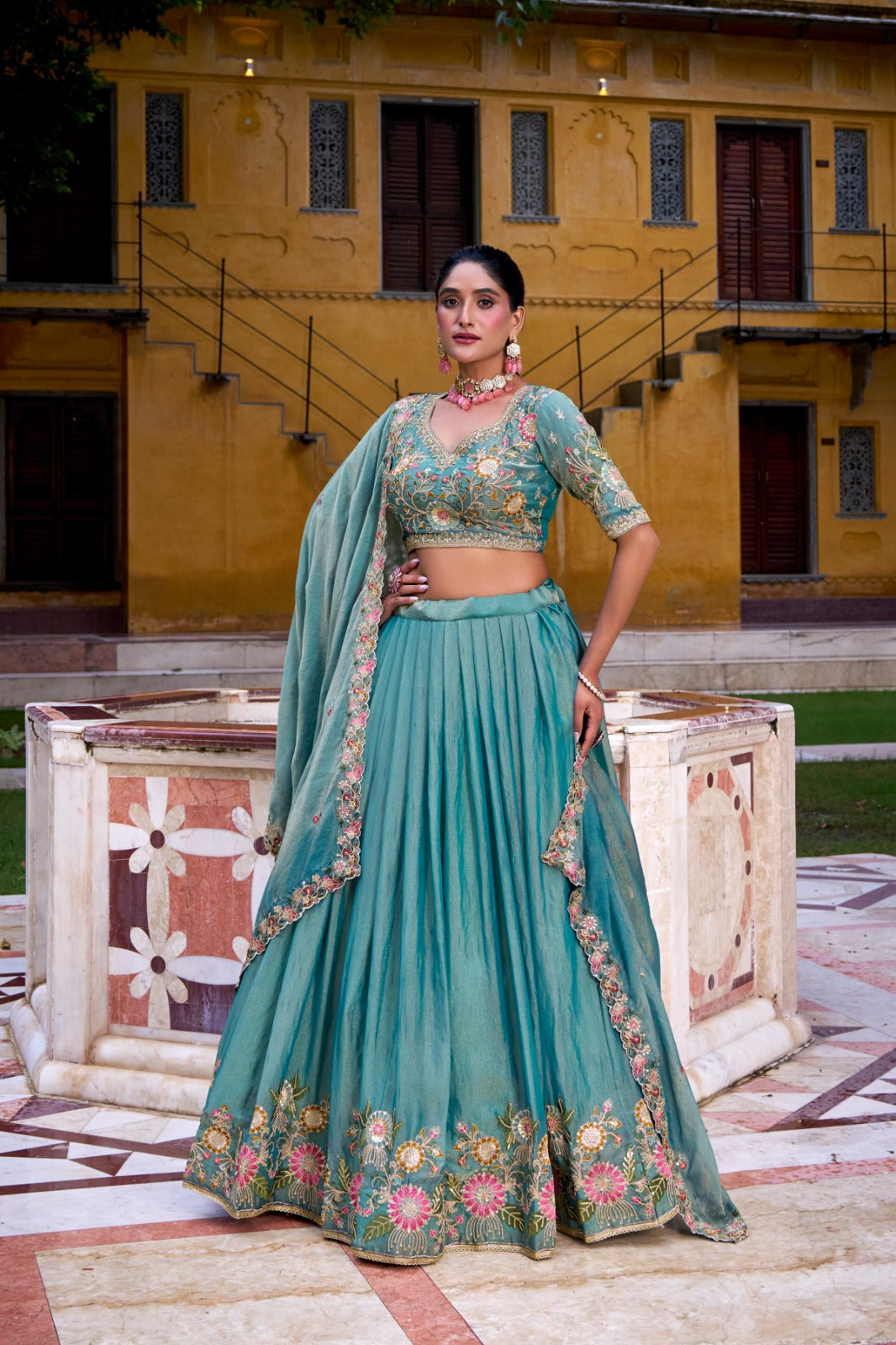 Sea Blue Zari Shimmer Readymade Party Lehenga Choli