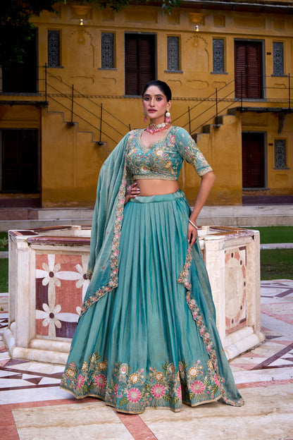 Sea Blue Zari Shimmer Readymade Party Lehenga Choli