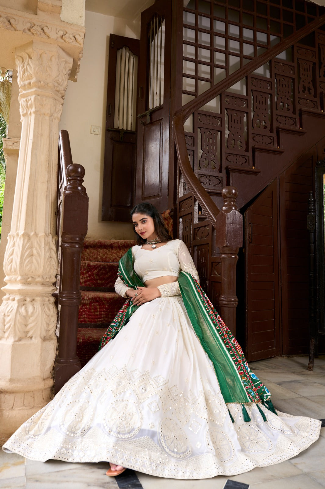 white color georgette lehenga choli with green dupatta price 