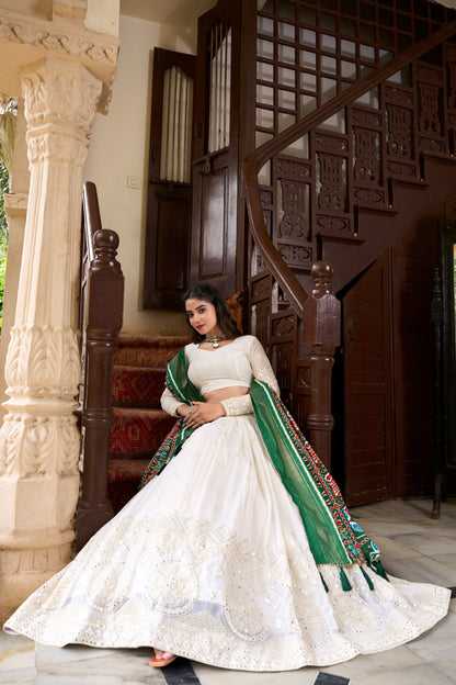 white color georgette lehenga choli with green dupatta price 