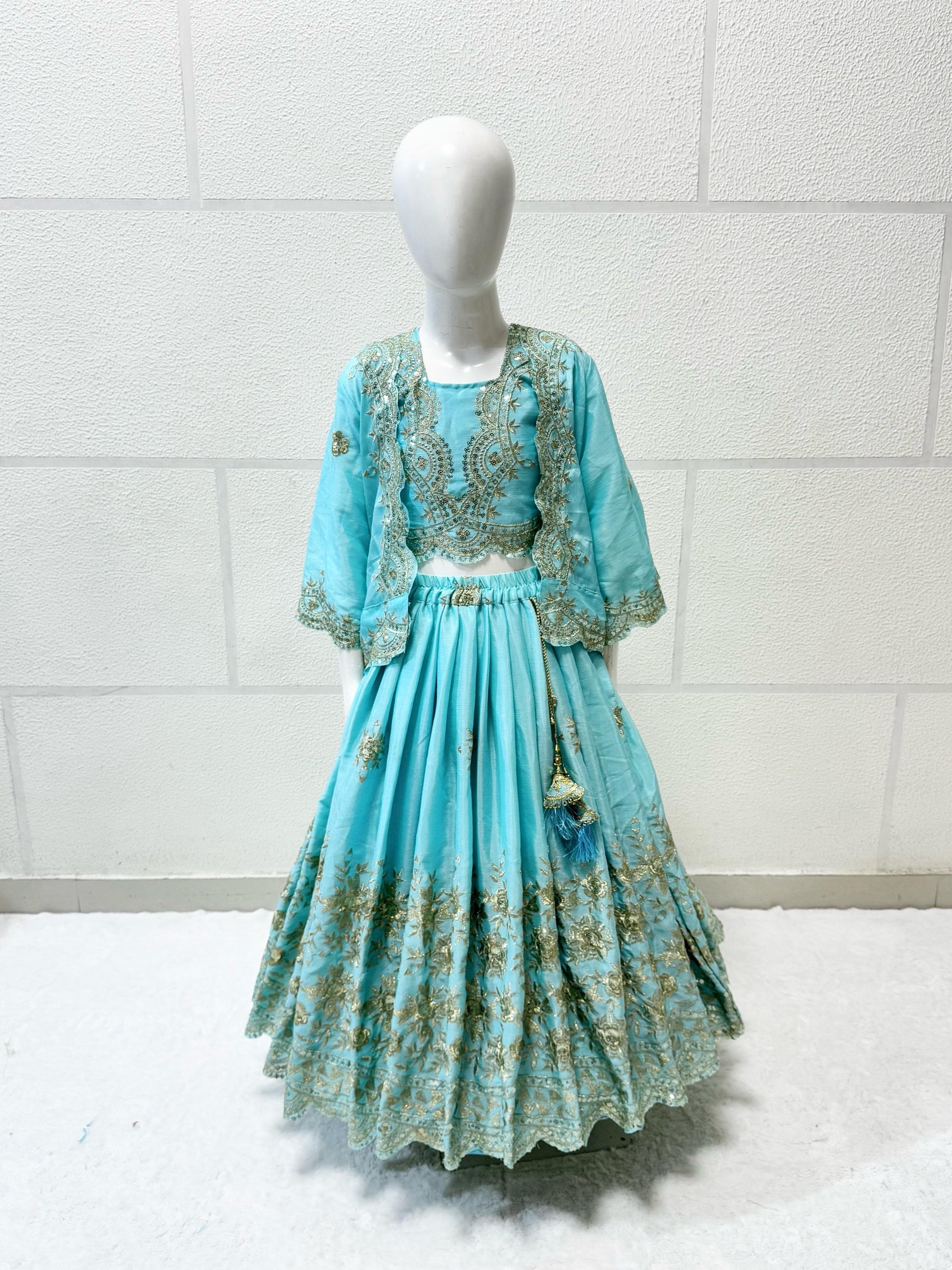 Sky color chinon silk lehenga choli with koti for wedding