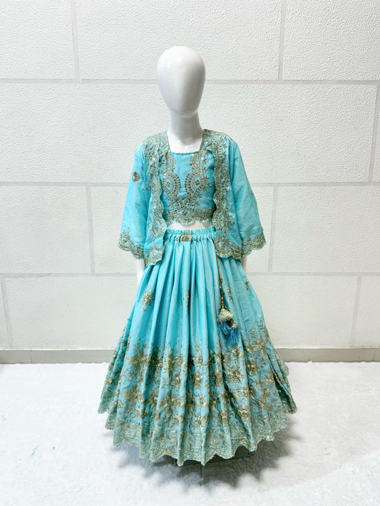 Sky color chinon silk lehenga choli with koti for wedding