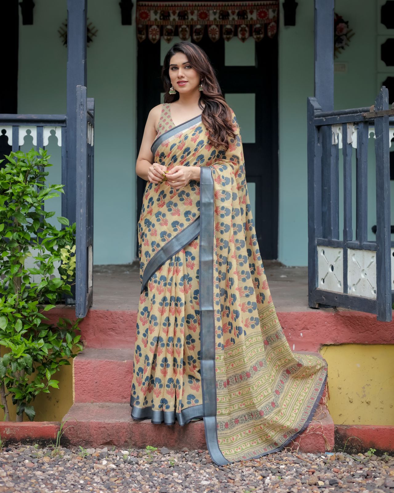 Beige color linen printed saree for women
