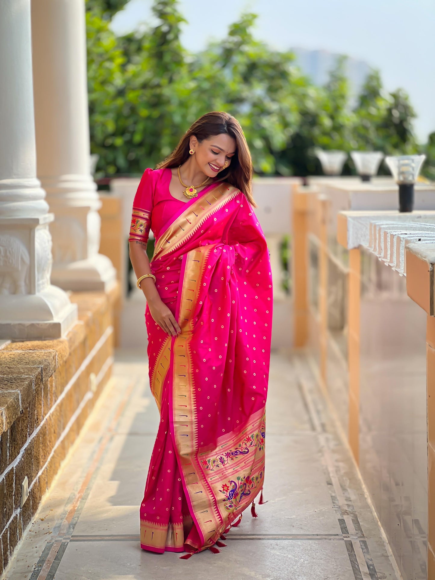 Pink color paithani silk saree for women