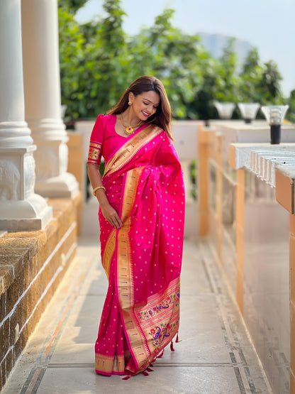 Pink color paithani silk saree for women
