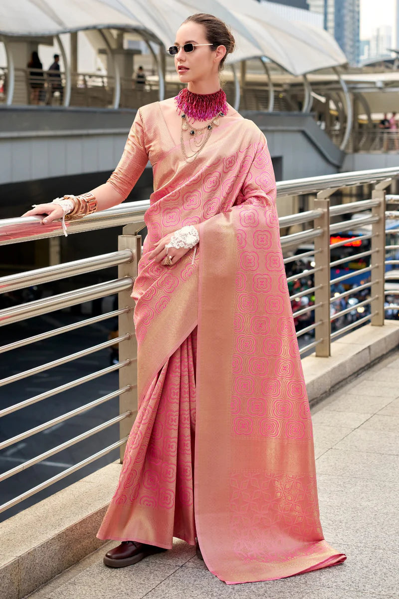 Pink color kanchivaram silk weaving saree images