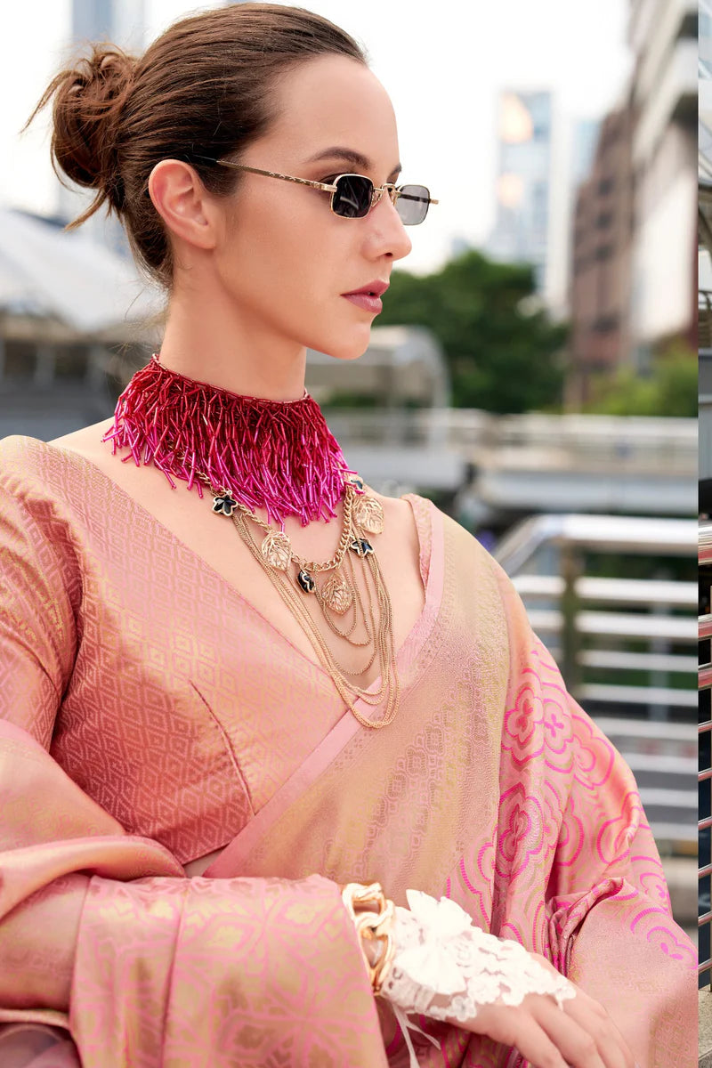 Pink color kanchivaram silk weaving saree price