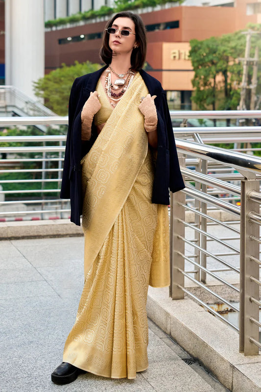 Beige color kanchivaram silk saree for women