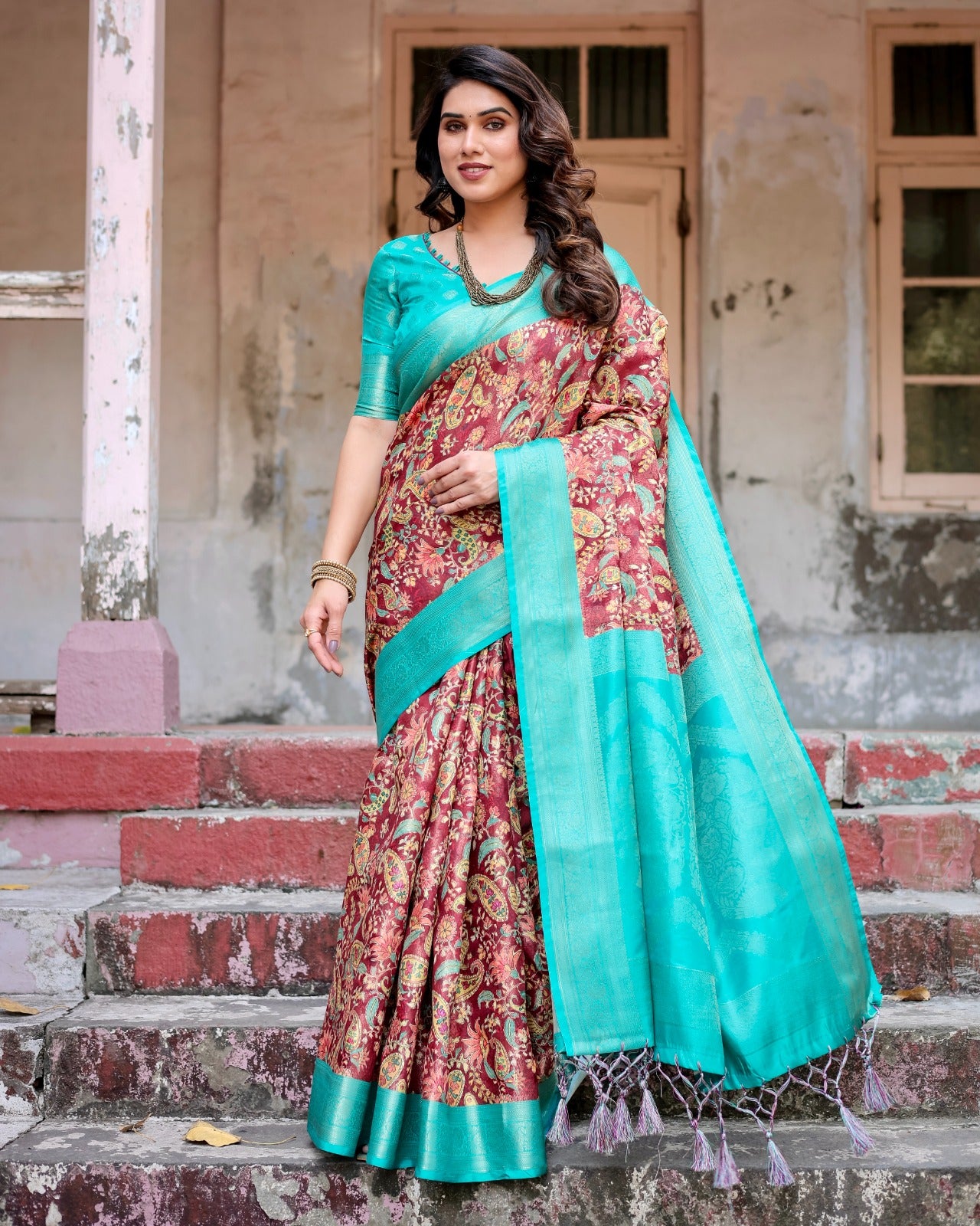 Maroon color banarasi silk saree for women