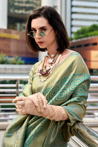 Rama color kanchivaram silk saree with blouse