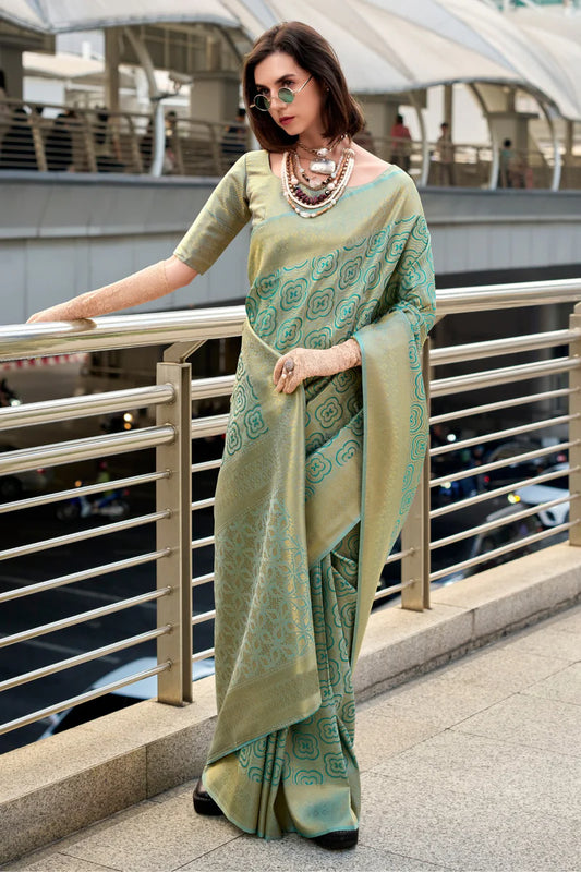 Rama color kanchivaram silk saree with blouse images