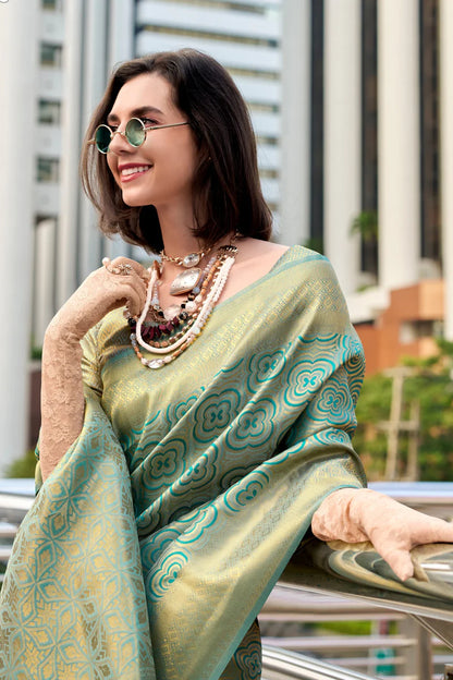 Rama color kanchivaram silk saree with blouse online shopping