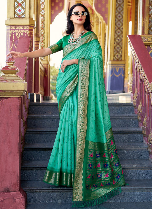 Green color tussar handloom silk saree for women price
