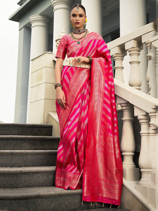 Pink banarasi poly viscose silk saree for women price
