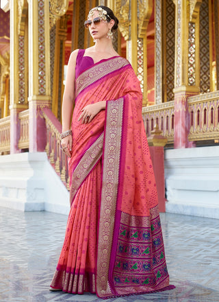 Peach color tussar handloom silk weaving saree