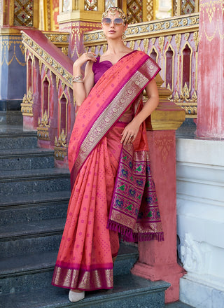 Peach color Tussar handloom silk saree image