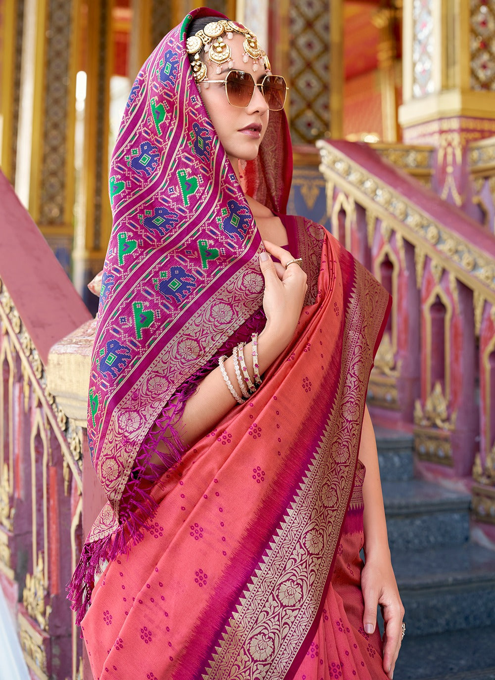 Peach color zari weaving saree design look