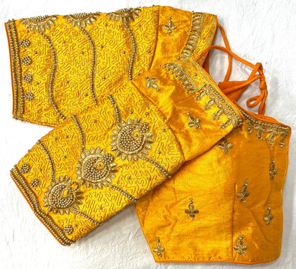 Yellow color silk embroidery work blouse 