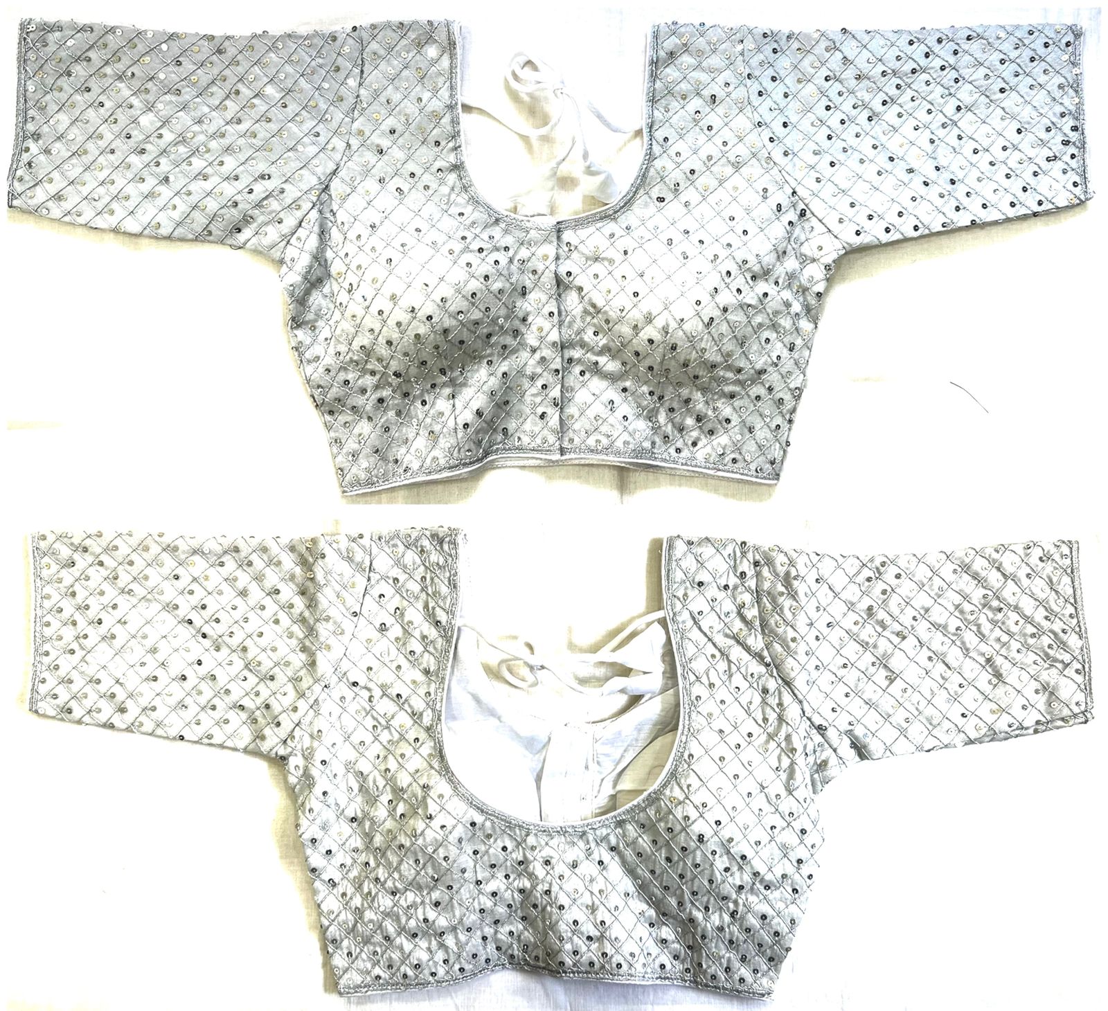 Silver color silk sequins work readymade blouse design