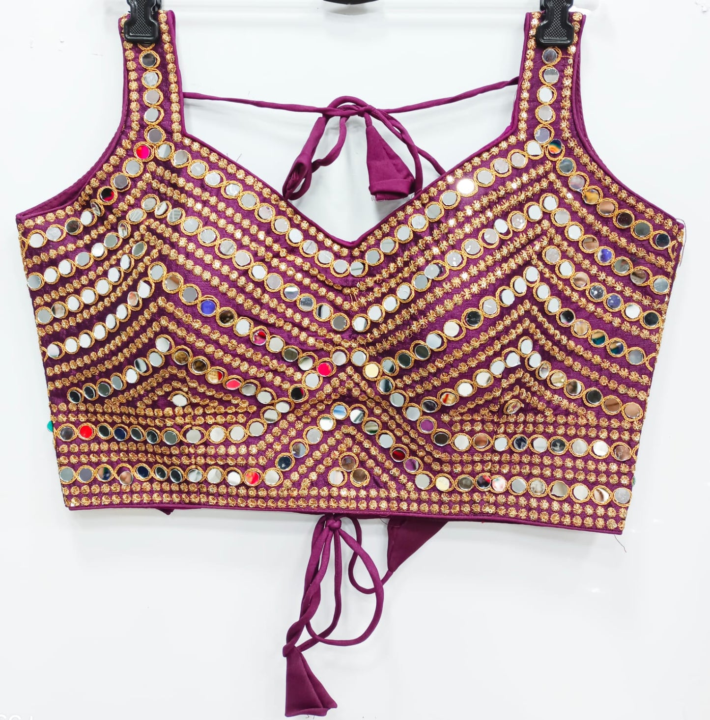 Wine color silk embroidery work mirror work blouse for women