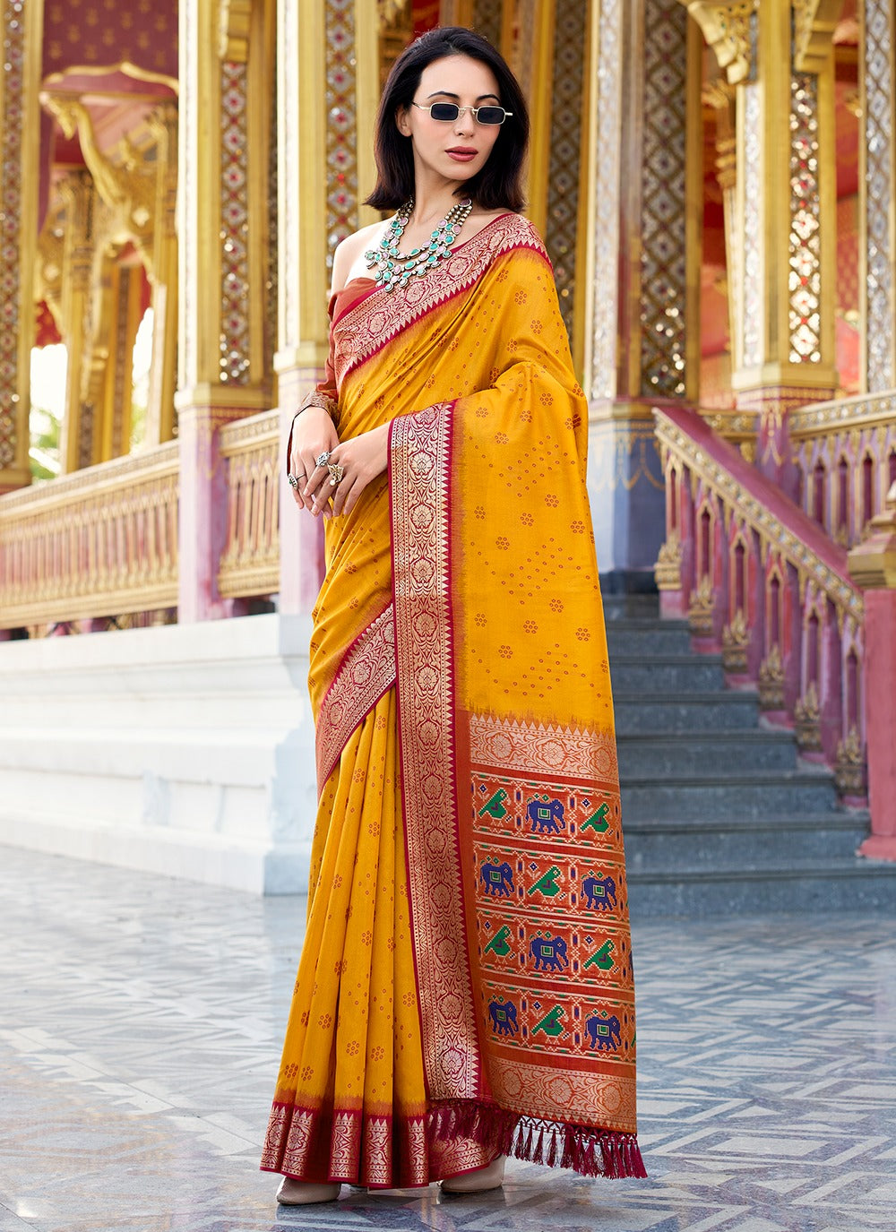 Yellow tussar handloom silk saree for women online
