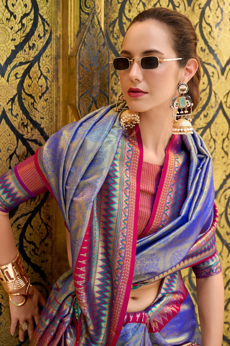 Blue color tissue silk saree with blouse online shopping