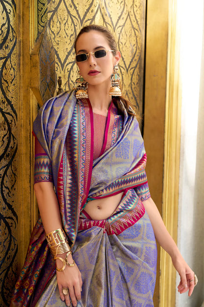 Blue color tissue silk zari weaving saree images