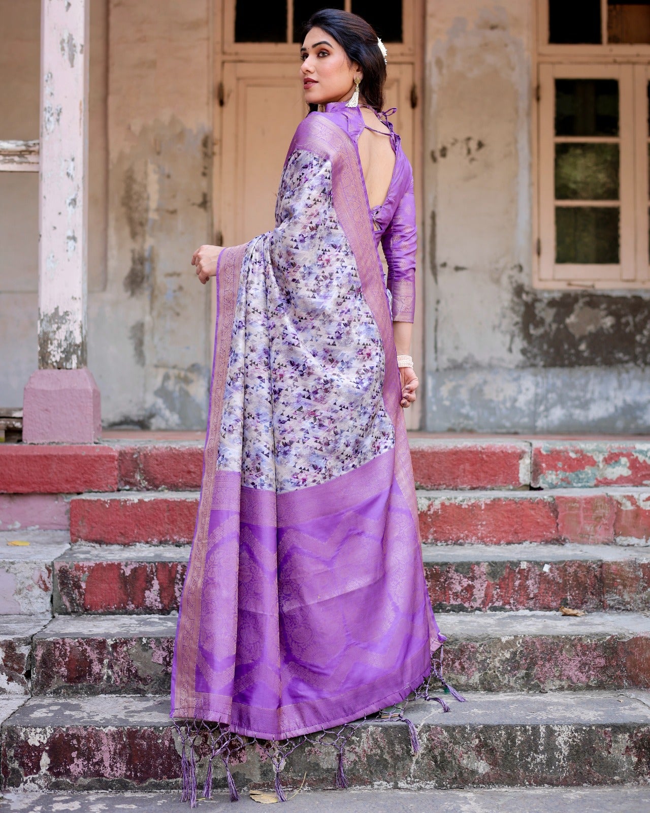 Lavender color banarasi silk saree for wedding