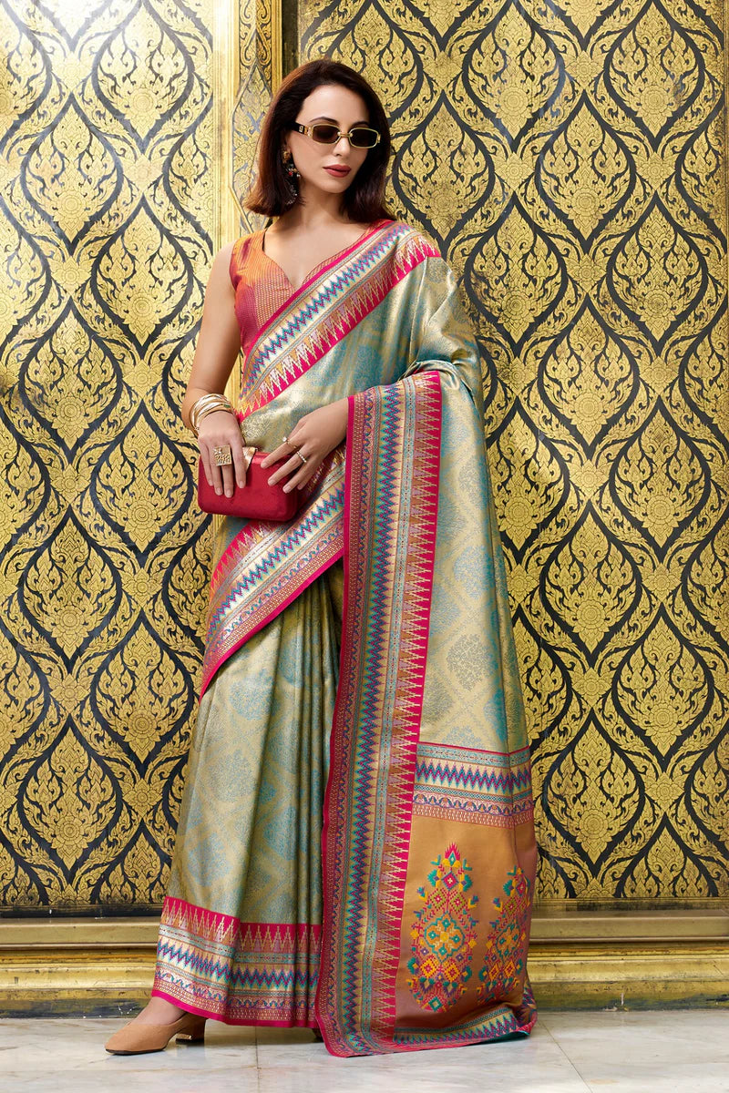 Green color tissue silk saree for ethnic wear