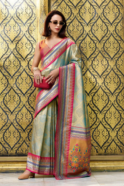 Green color tissue silk saree for ethnic wear