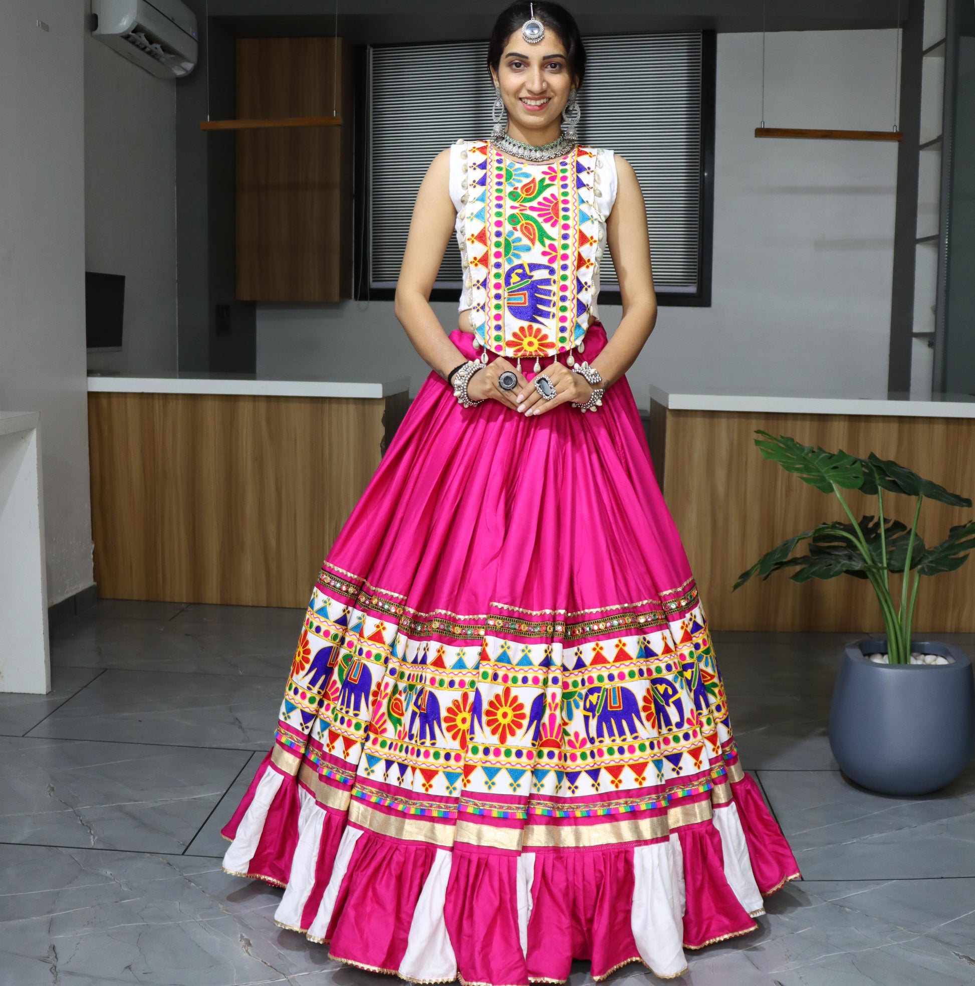 Pink gamthi work lehenga choli with price
