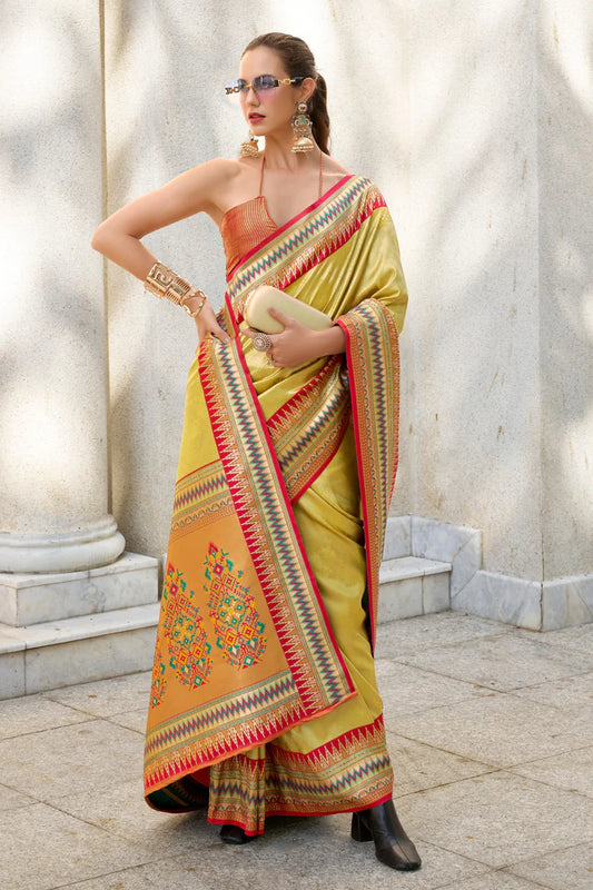 Mustard color tissue silk zari weaving saree for women