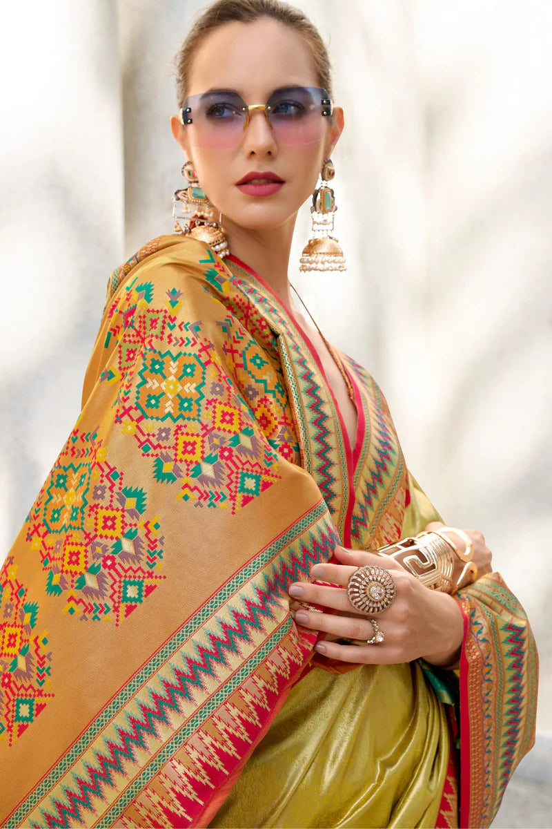 Mustard color tissue silk zari weaving saree price