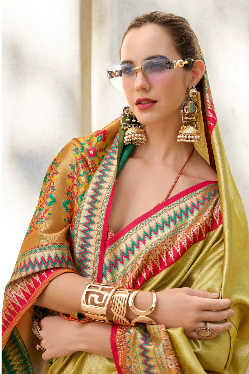 Mustard color tissue silk zari weaving saree for wedding